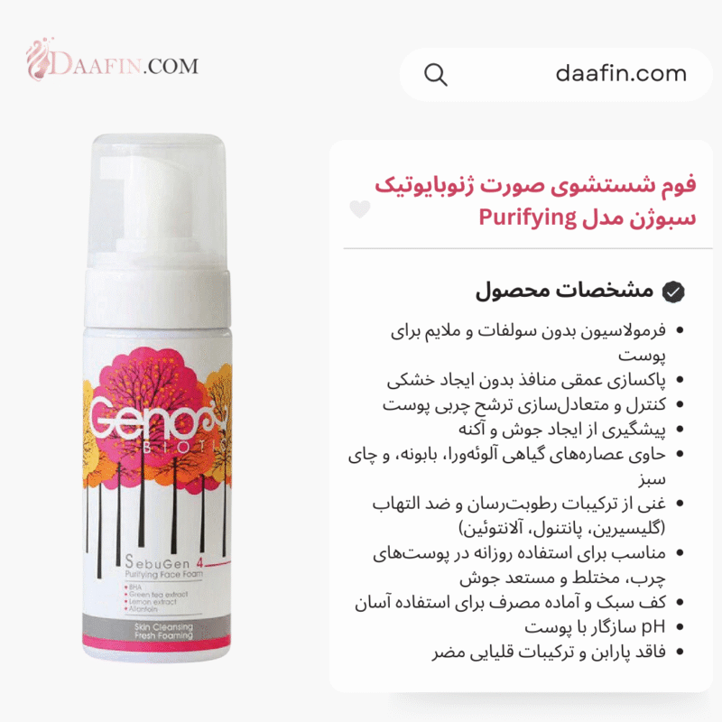 فوم شستشوی صورت ژنوبایوتیک سبوژن مدل Purifying حجم 150 میلی‌لیتر